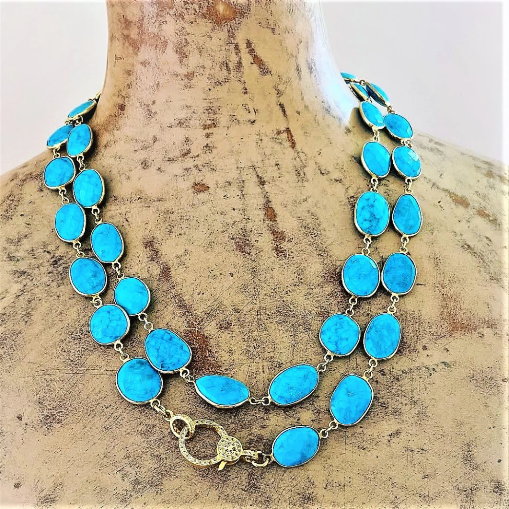 Oval Turquoise Long Necklace with Diamond Closure